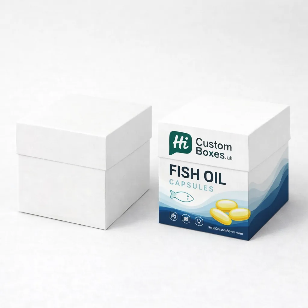 Two white hanging tab boxes, one blank and one featuring professional blue medical supplement branding. class=